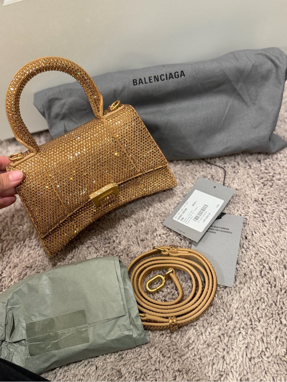 Balenciaga Gold/Brown Leather XS Crystal Hourglass Top Handle Bag new - Picture 2 of 12